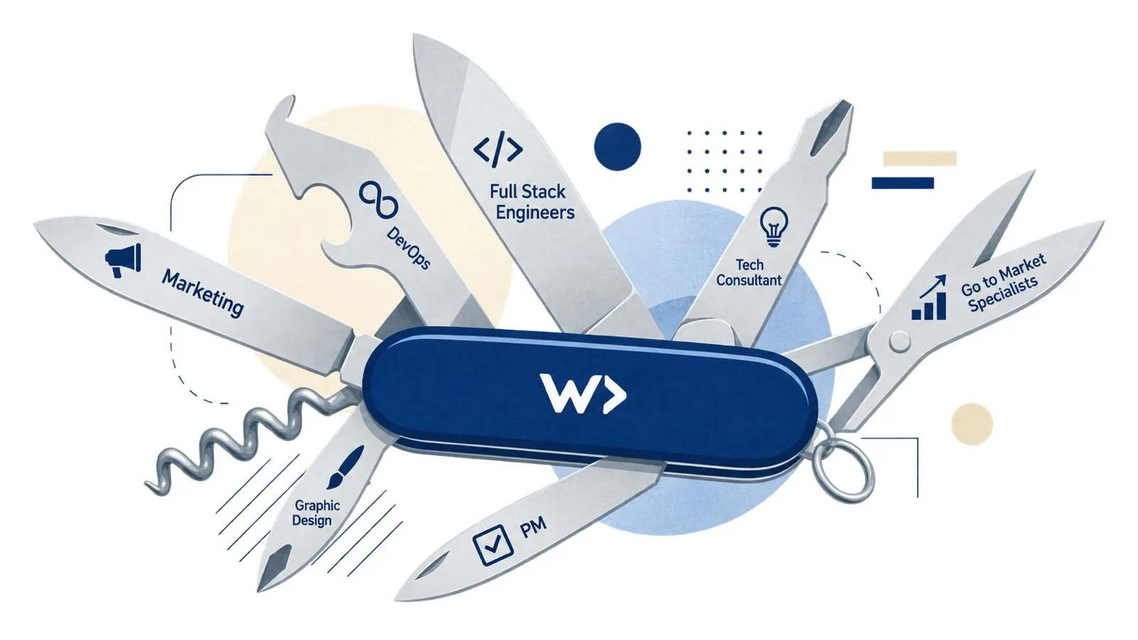 Schweizer Taschenmesser in WDDW-Blau mit Werkzeugen für Marketing, DevOps, Full Stack Engineers, Tech Consultant, Go-to-Market Specialists, PM und Graphic Design