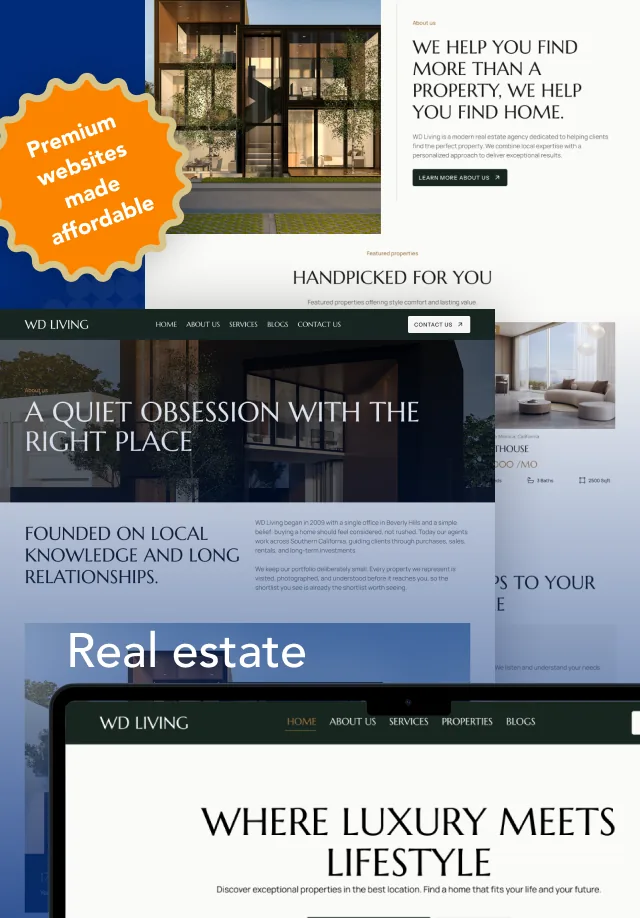 An example real estate website template by WDDW on a laptop with property listing previews