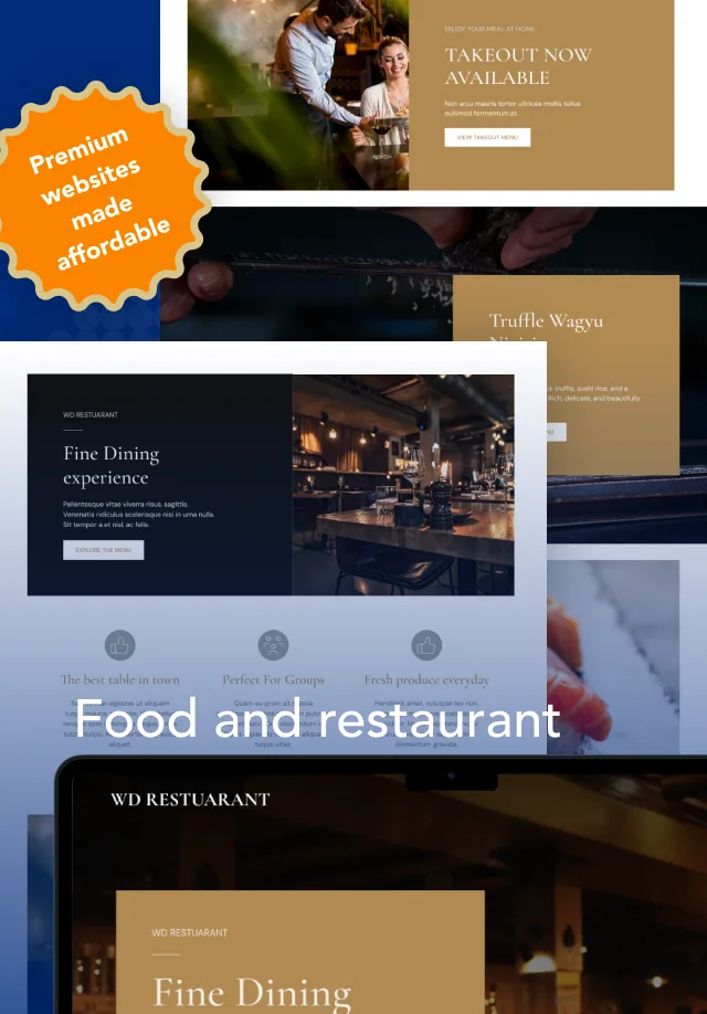 ตัวอย่างเทมเพลตเว็บไซต์ร้านอาหารของ WDDW บนแล็ปท็อป พร้อมตัวอย่างหน้าเมนูและเรื่องราวของร้าน