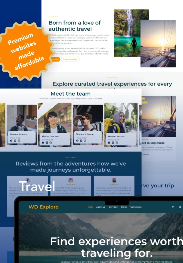 WD Explore ตัวอย่างเทมเพลตเว็บไซต์ท่องเที่ยวของ WDDW บนแล็ปท็อป พร้อมตัวอย่างหน้าทีมงานและรีวิว